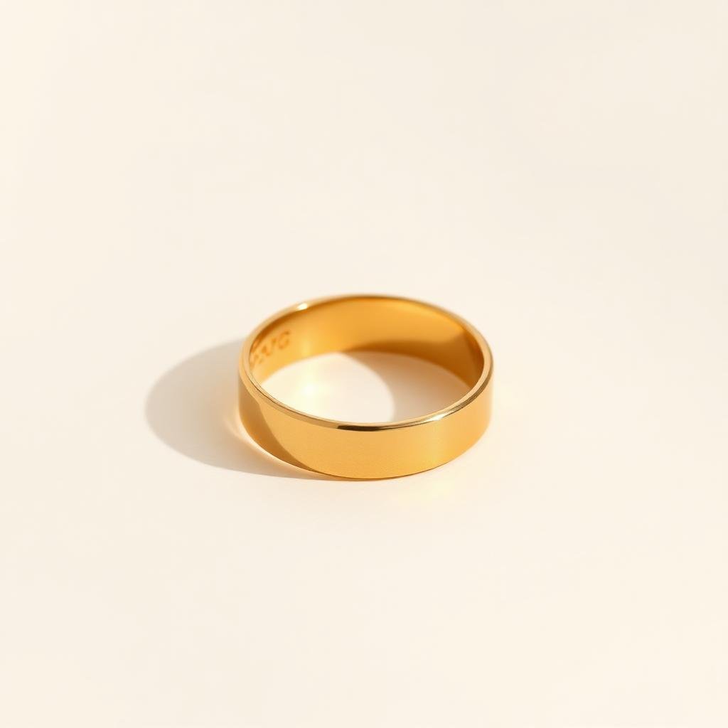 Polished plain yellow gold band ring on a clean white background