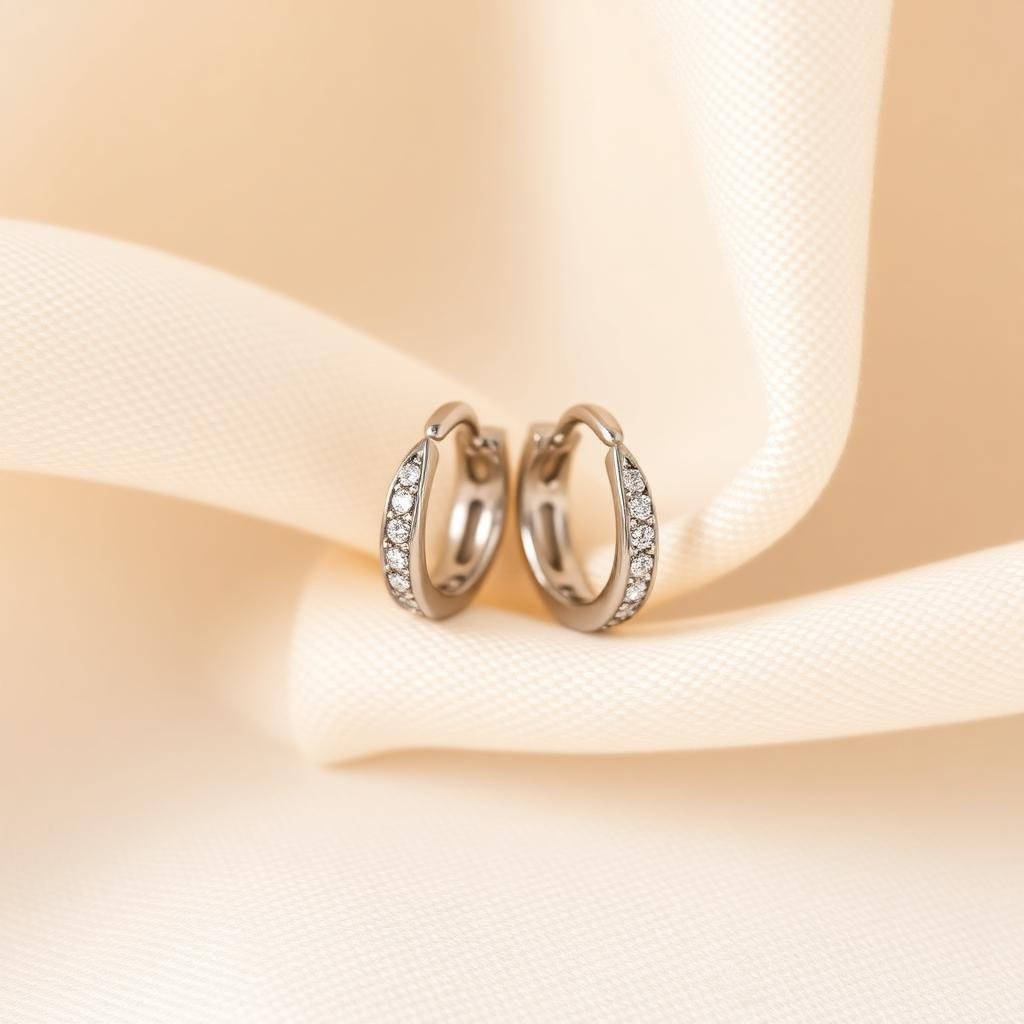 White gold diamond huggie hoop earrings, close-up studio photograph