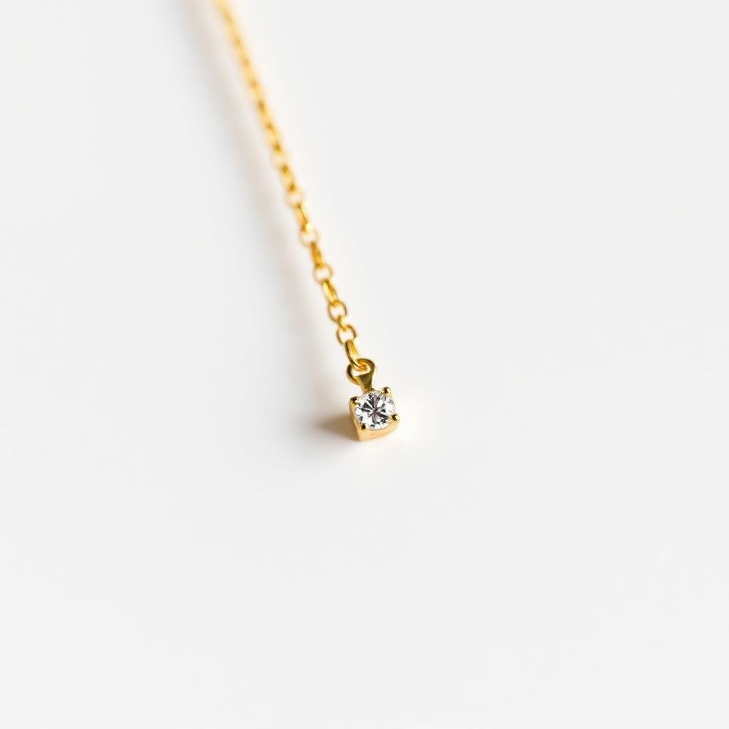 Macro studio photograph of a fine yellow gold chain with a single diamond pendant