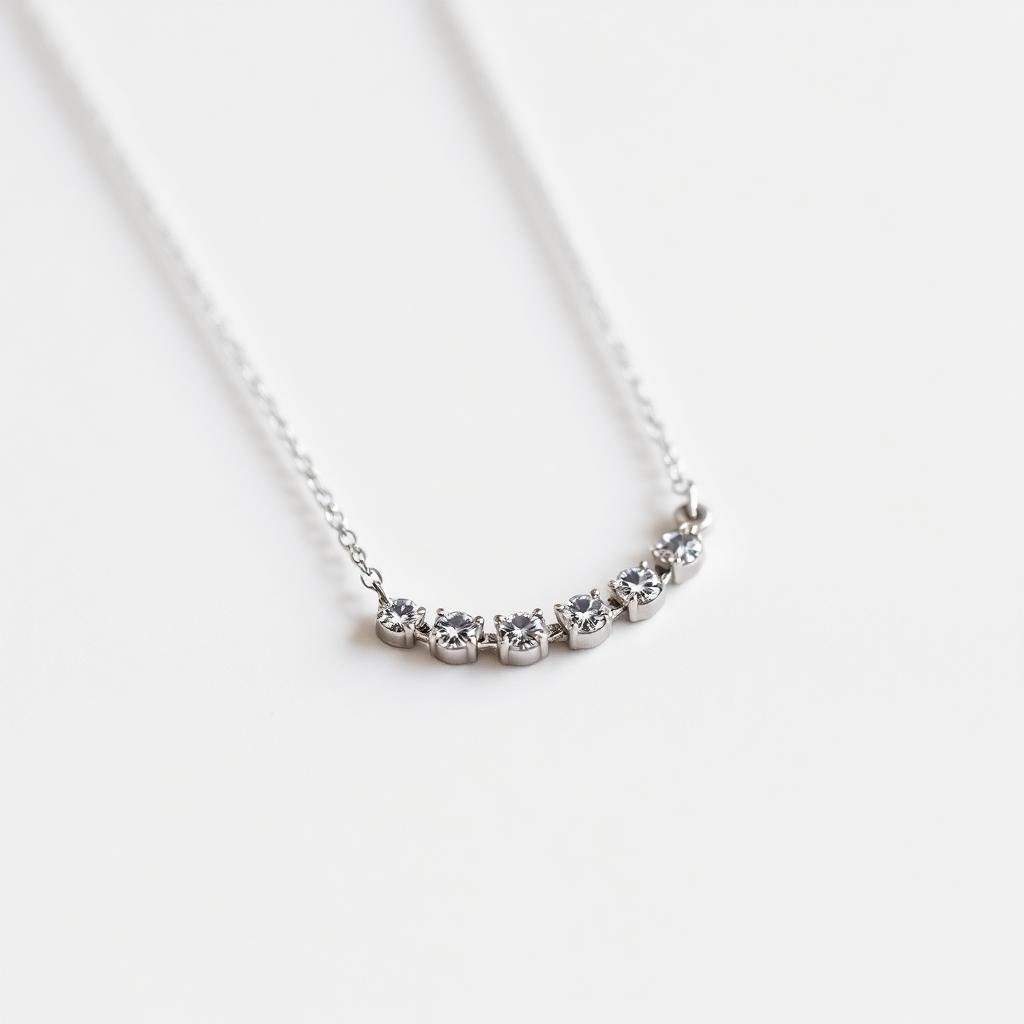 Macro studio photograph of a delicate white gold diamond station necklace