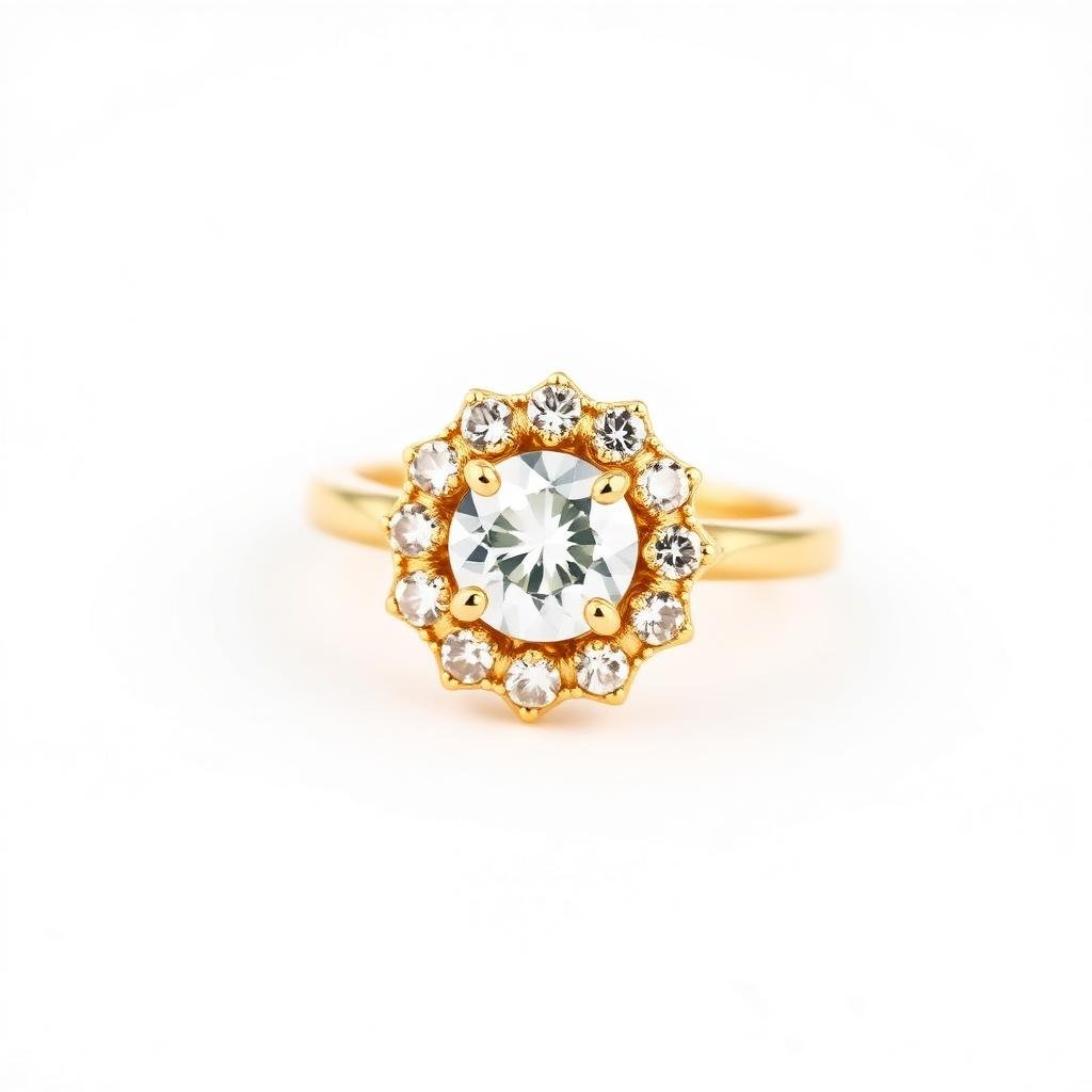 Macro studio photograph of a yellow gold halo diamond ring on a white background