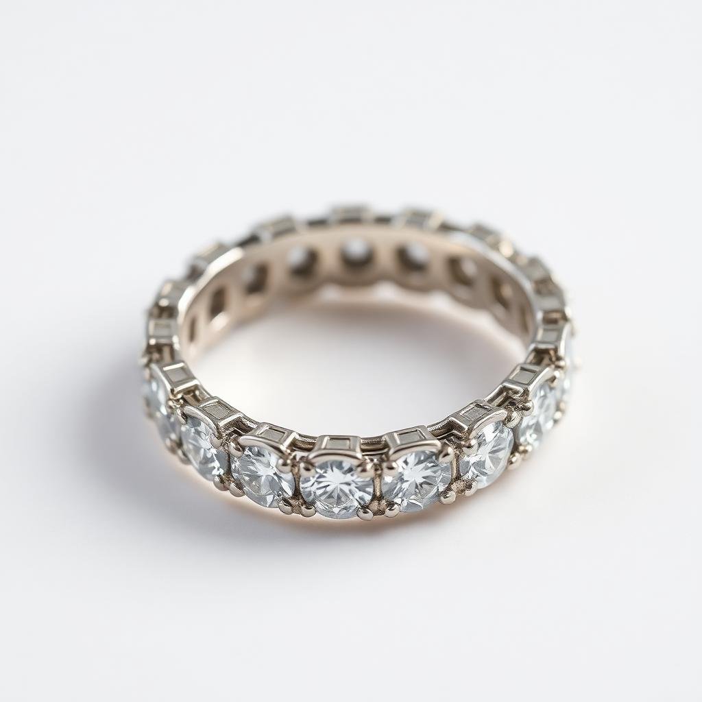 Macro studio photograph of a white gold pavé diamond eternity ring on a white background