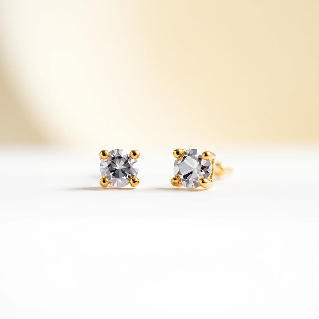 Macro studio photograph of tiny yellow gold diamond stud earrings on a white background
