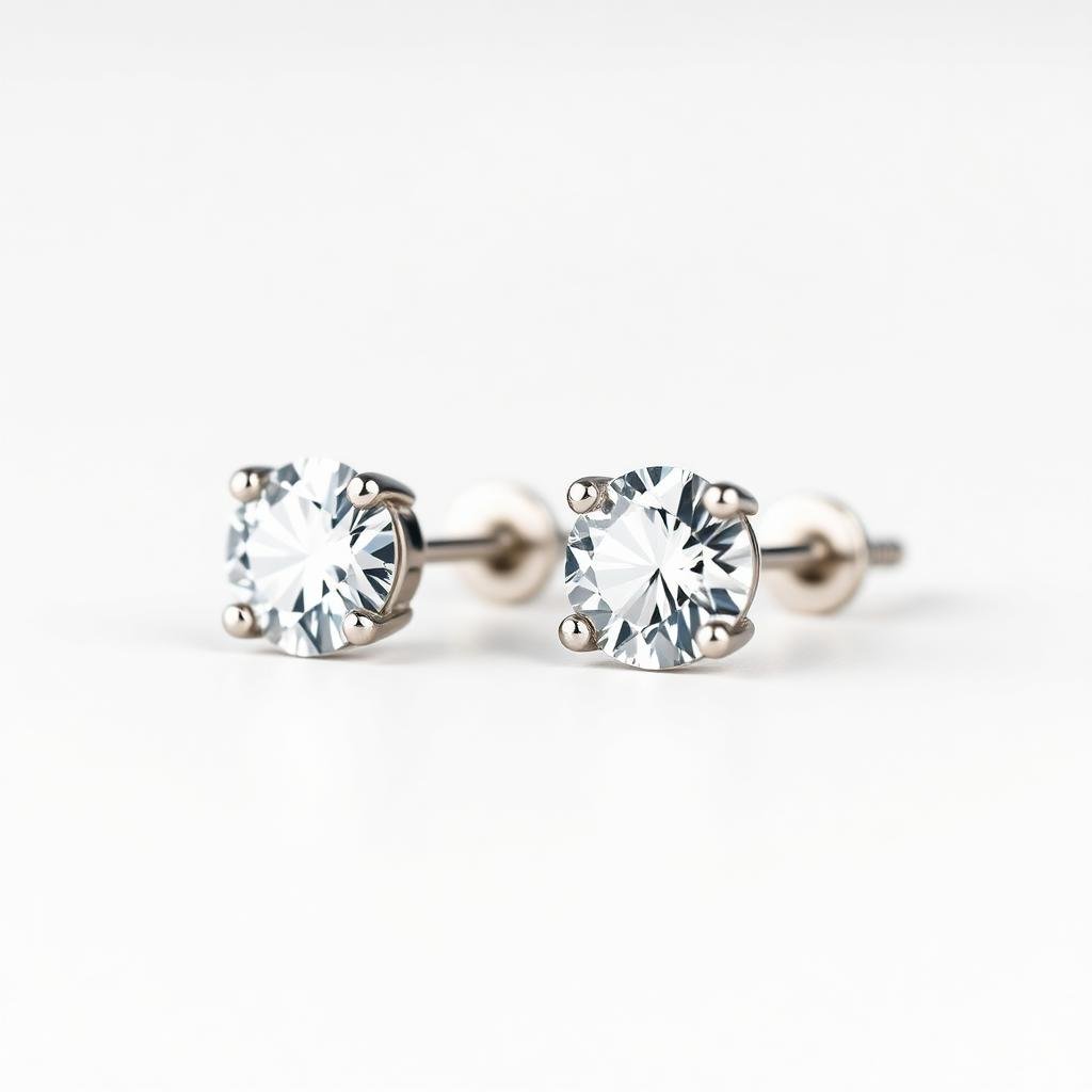 Macro studio photograph of a pair of round brilliant diamond stud earrings in white gold