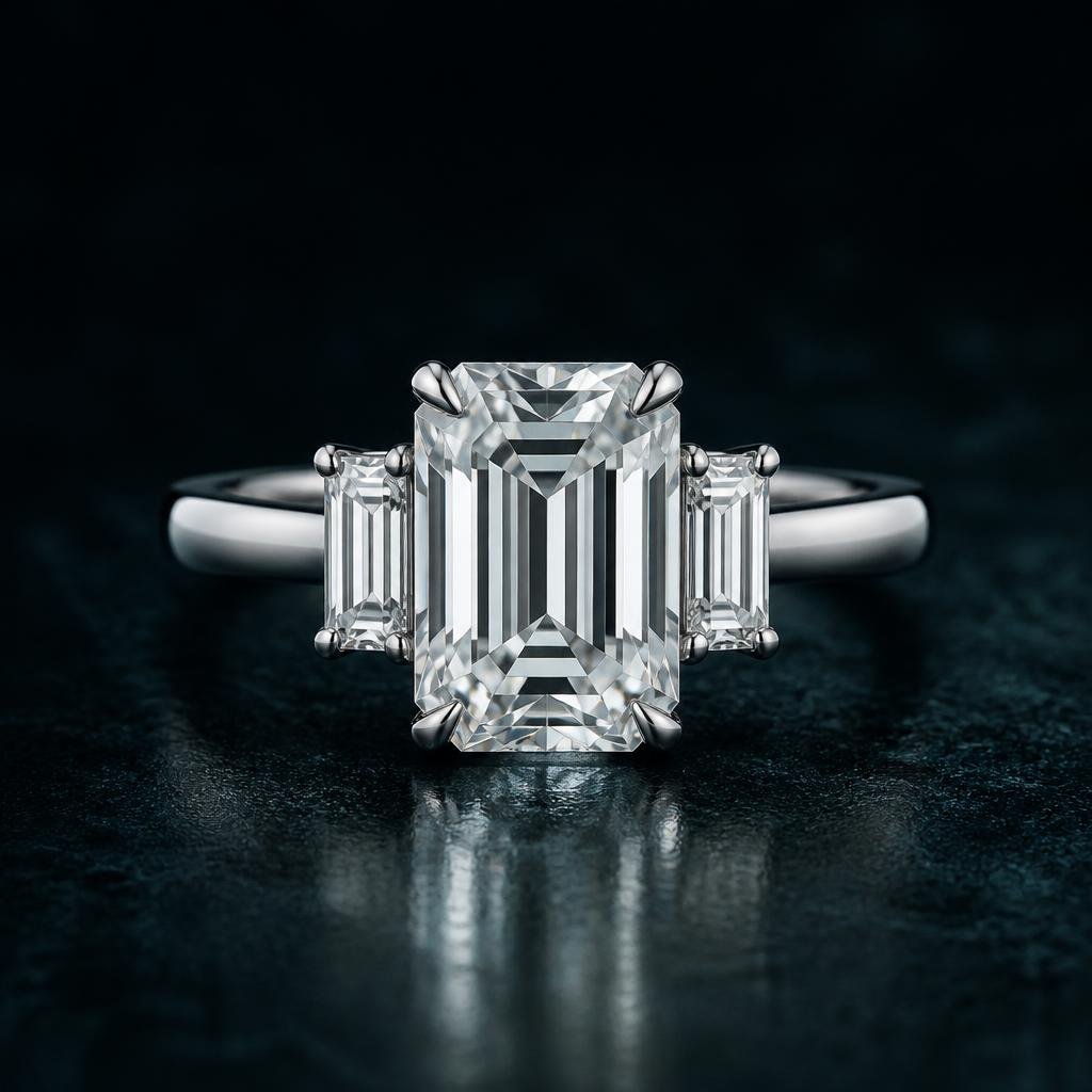 Three-stone diamond ring with emerald cut centre and two baguettes