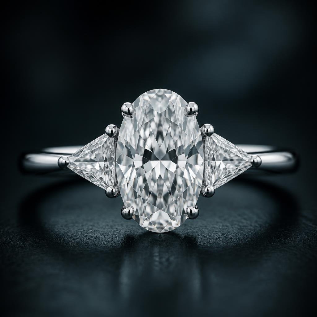 Three-stone diamond ring with oval brilliant centre and two trillions