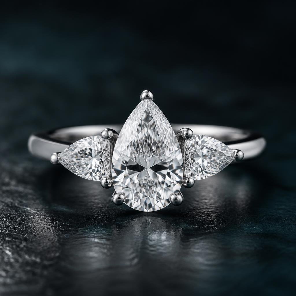Three-stone diamond ring with pear brilliant centre and two pears, angled outward