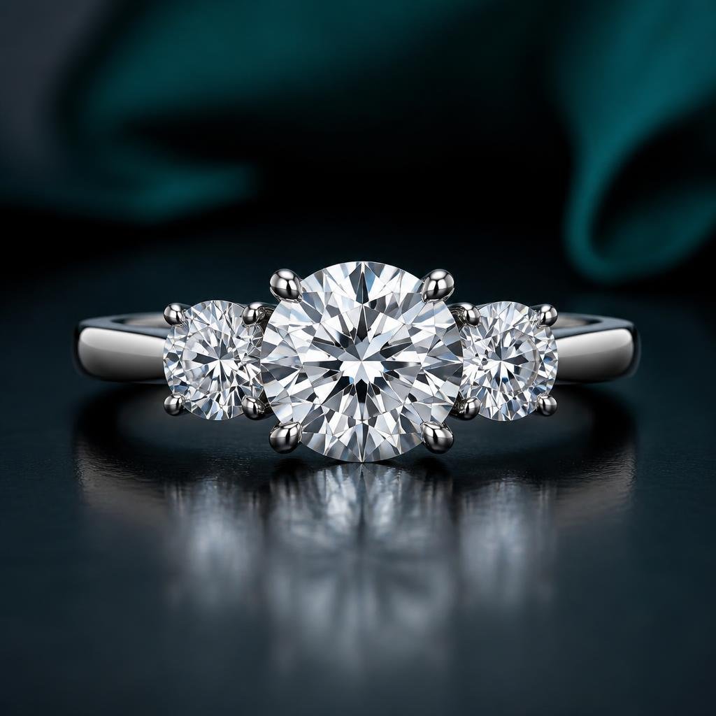 Three-stone diamond ring with round brilliant centre and two round brilliants