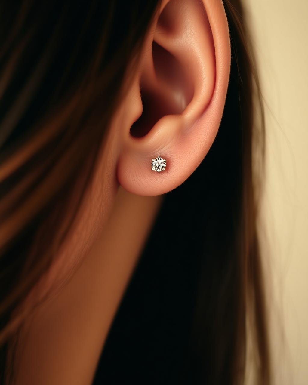 Side profile close-up of a woman's ear wearing a round brilliant white gold diamond stud earring