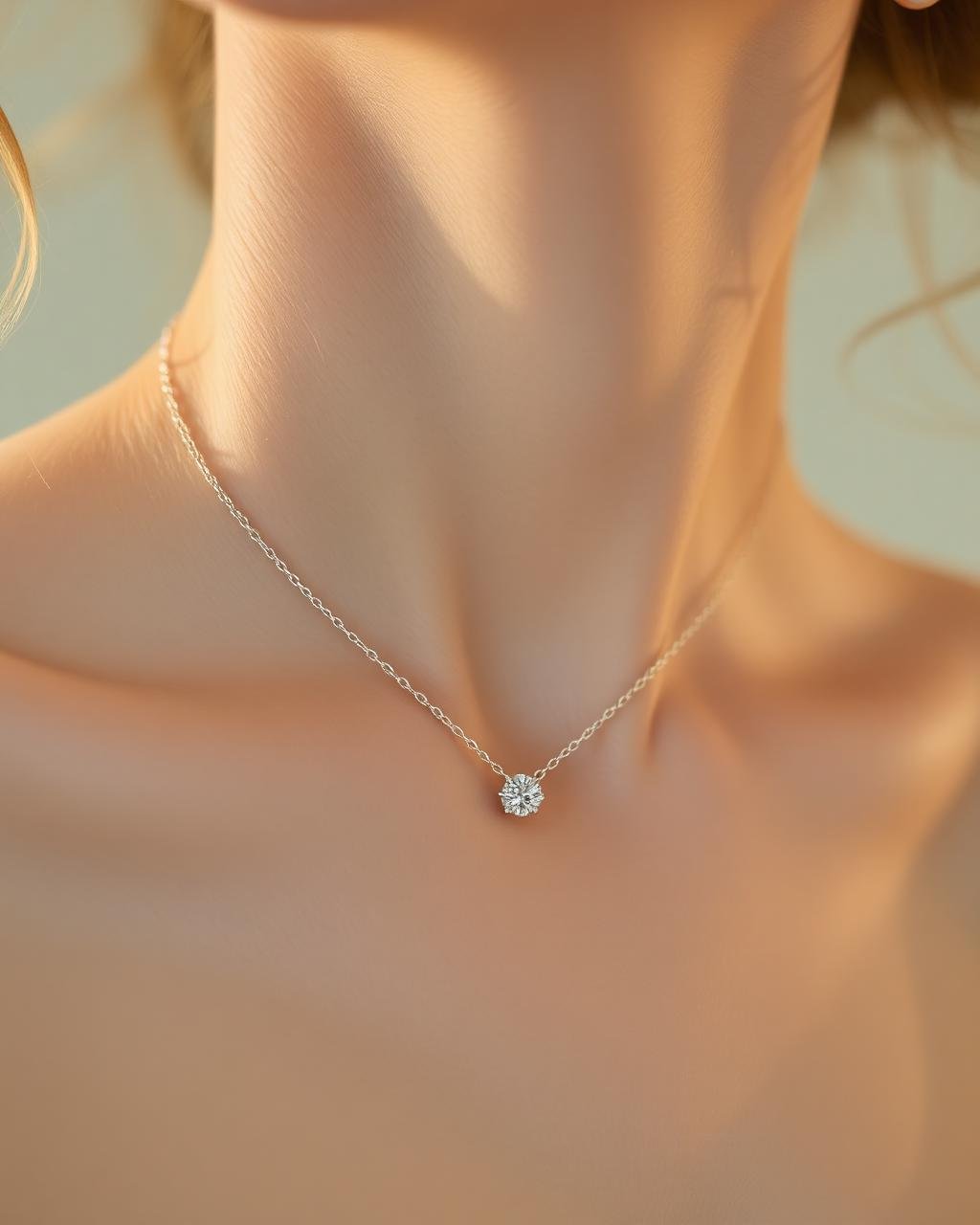 Close-up of a woman's neckline wearing a delicate diamond pendant necklace on a fine white gold chain