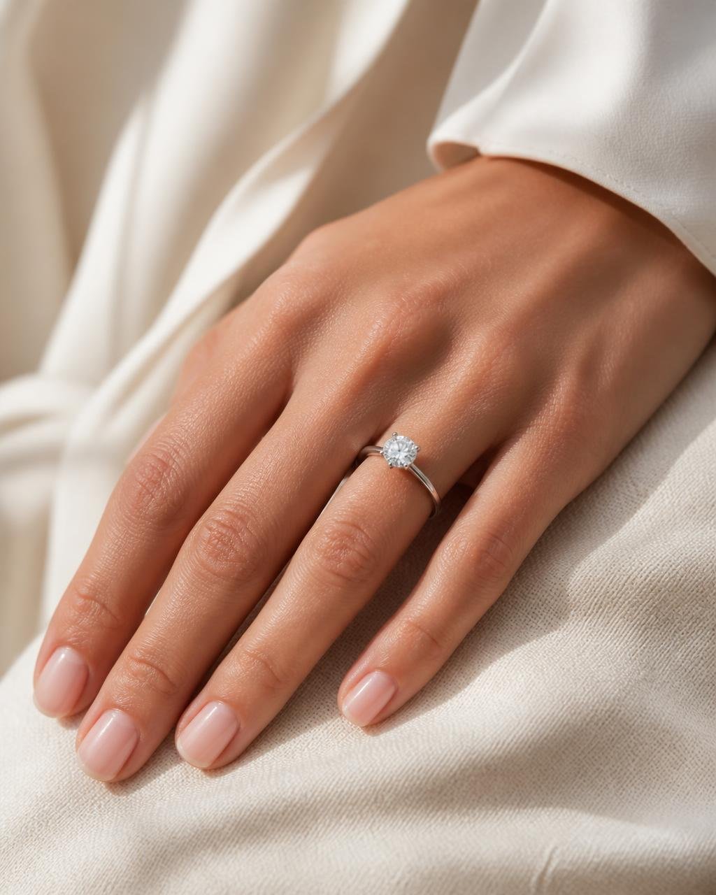 Close-up of a white gold diamond solitaire ring worn on a woman's hand resting on cream linen